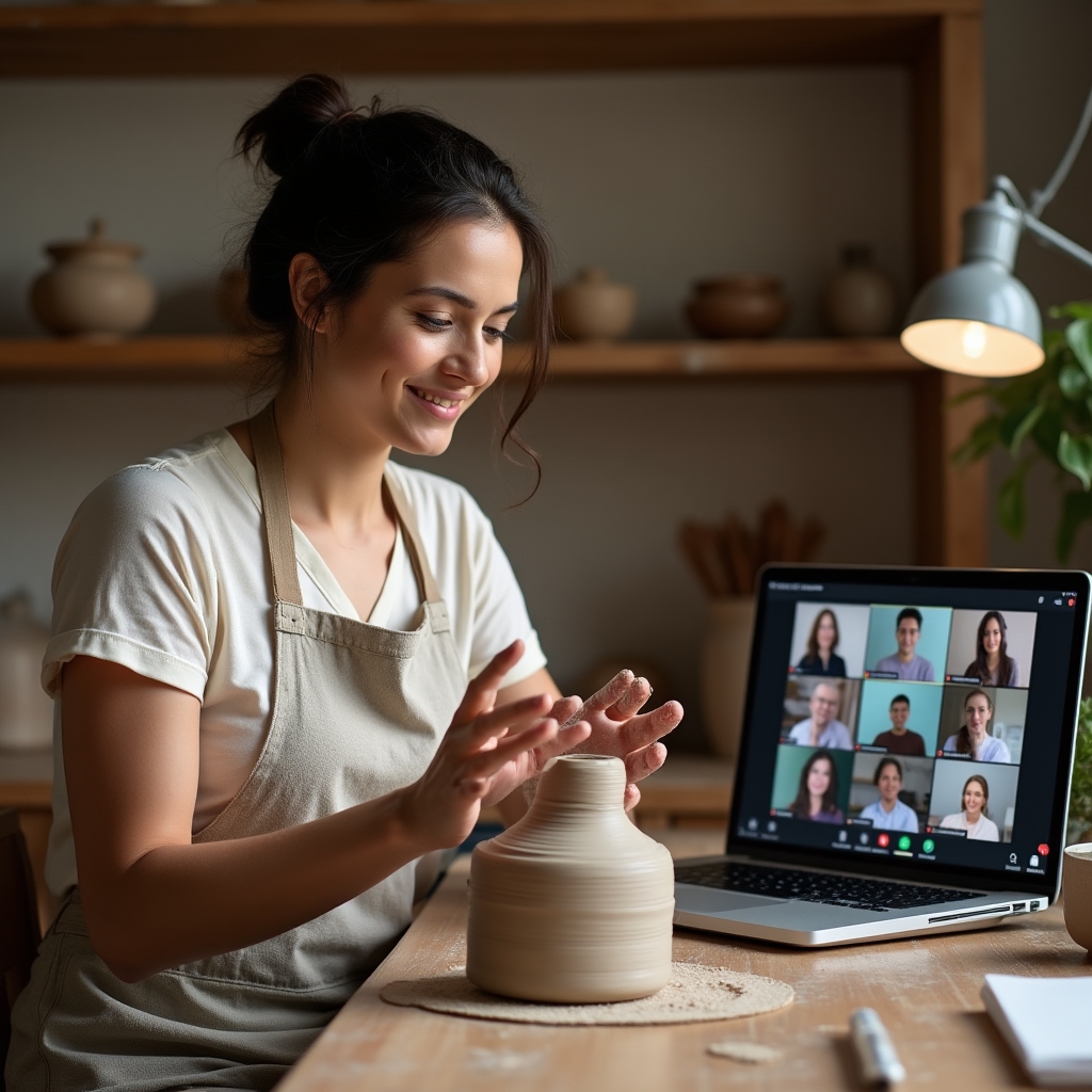Pottery instructor at a desk with camera and clay work visible, teaching a virtual class