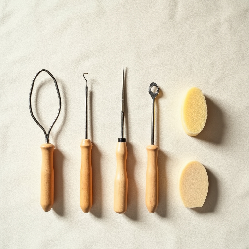 Wooden pottery tools, wire cutter, and sponge arranged on a craft table
