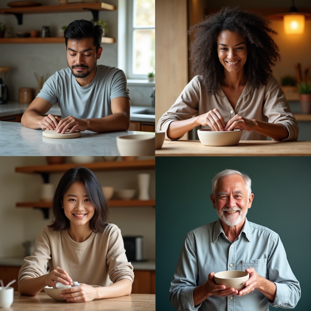 Split-screen showing four participants in a virtual pottery class each working with clay at home