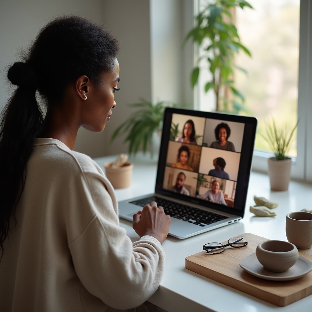 Laptop screen showing pottery instructor on Zoom with clay work visible in foreground